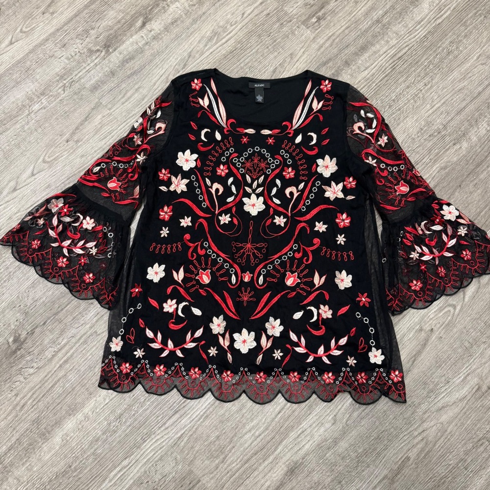 Alfani Womens Black Red Floral Embroidered Mesh Bell Sleeve Tunic Top Large
